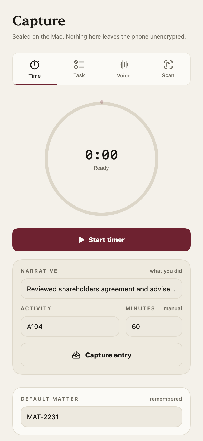 iPhone Companion capture screen in the ivory theme, showing the default matter MAT-2231 — a non-secret matter code.