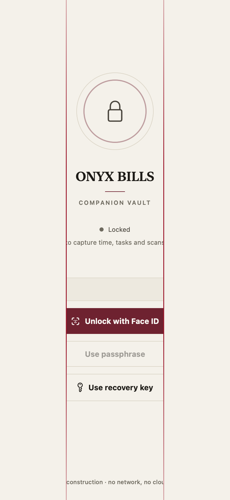 iPhone Companion lock screen in the ivory theme — Onyx BillS companion vault, locked, Unlock with Face ID.