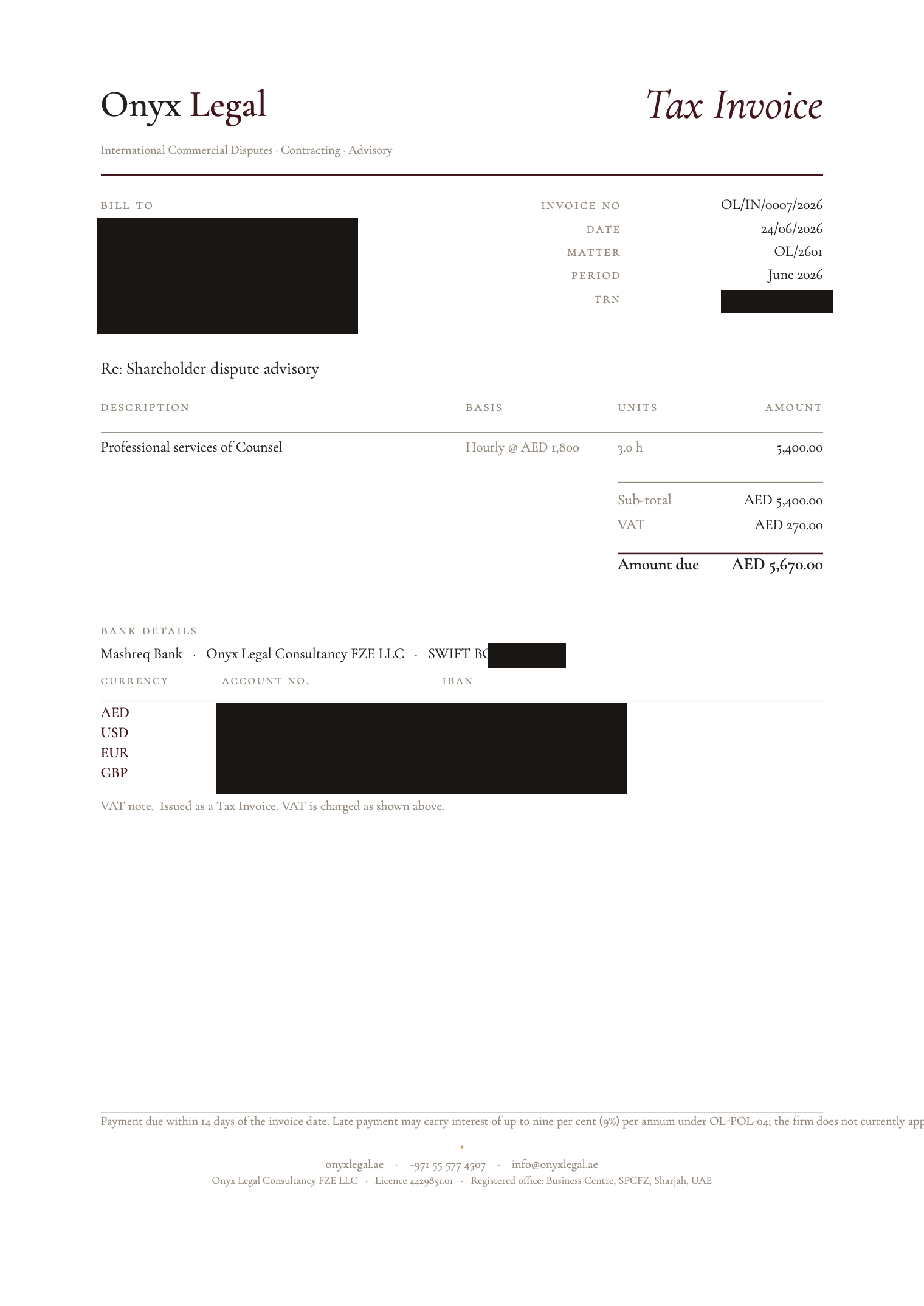 Rendered invoice PDF from Onyx BillS — client identity, bank accounts, IBANs and SWIFT redacted; totals and matter kept.