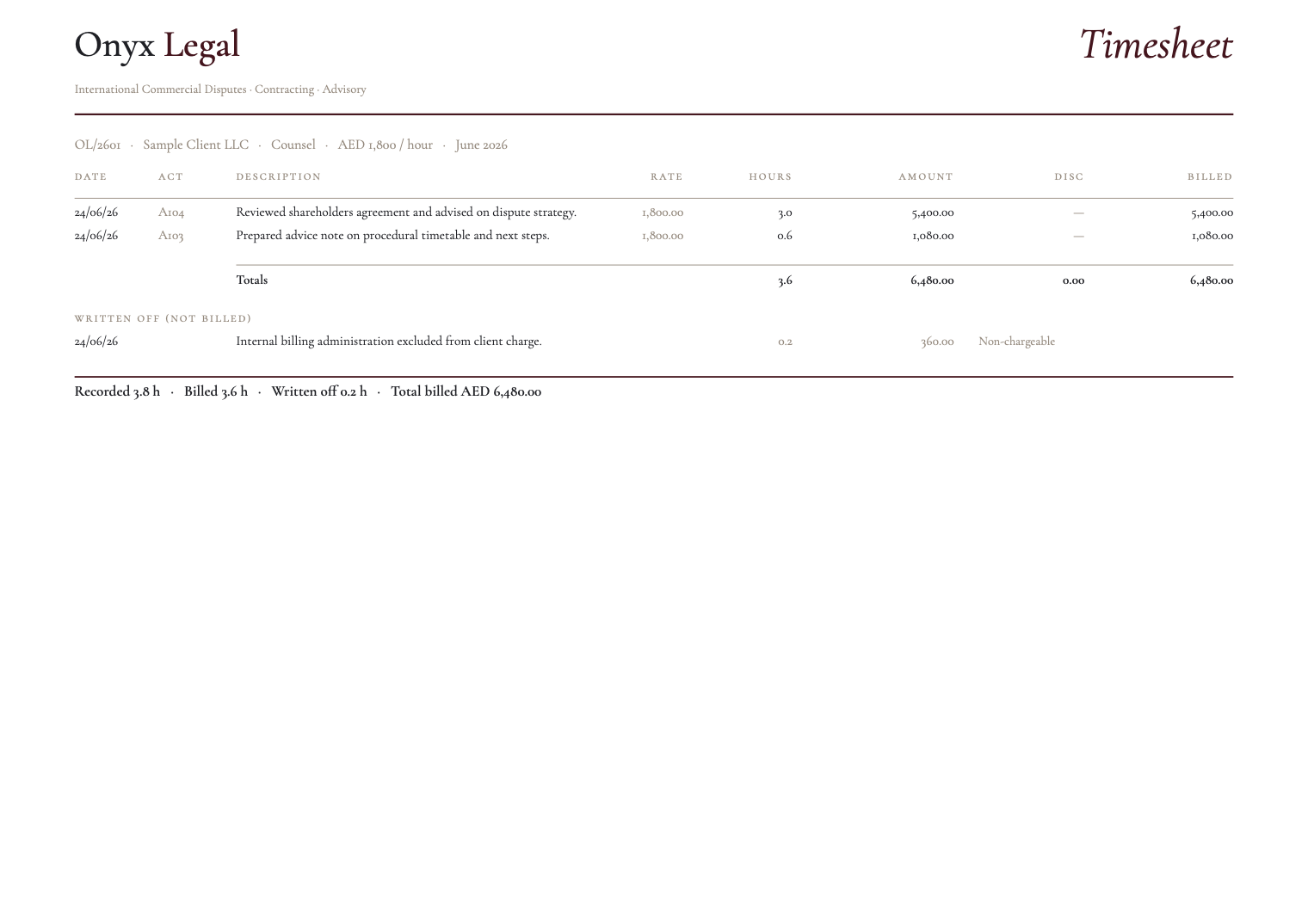 Rendered timesheet PDF page generated from Onyx BillS with activity rows and totals visible.